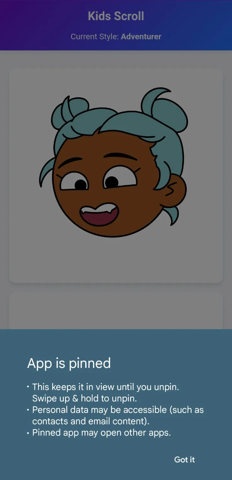 Confirmation message displayed on screen after successfully pinning the Kids Scroll app