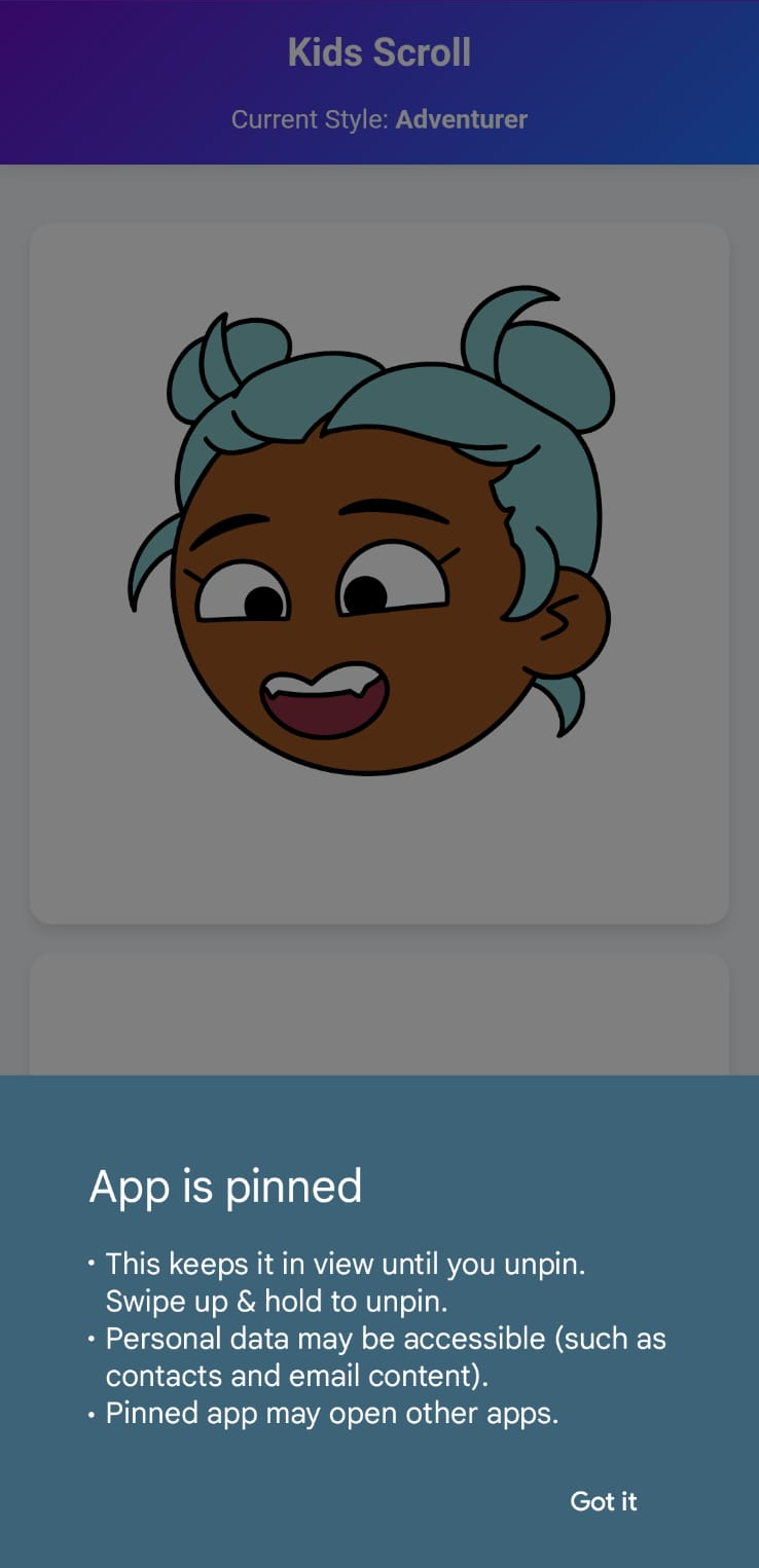 Confirmation message displayed on screen after successfully pinning the Kids Scroll app