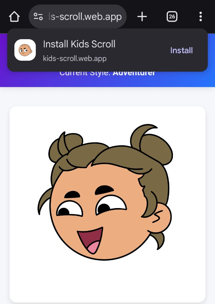 Screenshot showing the automatic Install App popup notification on a mobile device